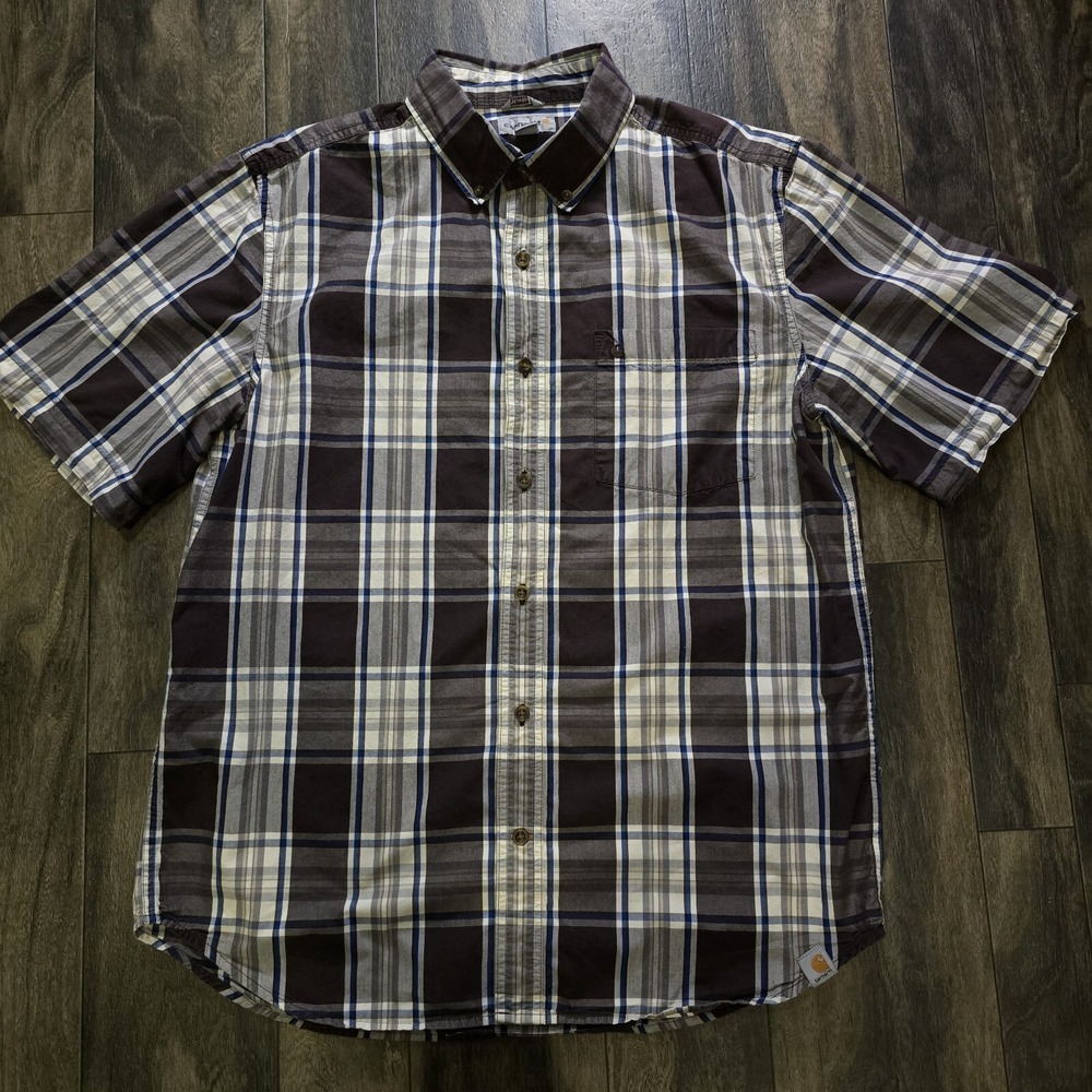 Carhartt Relaxed Fit Short Sleeve Button Down Shirt Plaid Size L Pockets  Mens